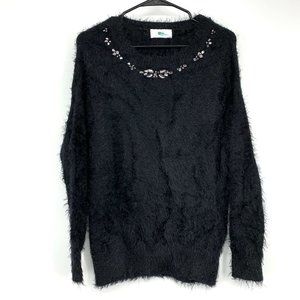 AZUL by Moussy Sweater Black Fuzzy Rhinestone Crew Neck Pullover